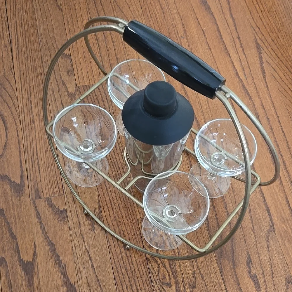 Vintage Brass Cocktail Carrier with Glasses and Shaker
